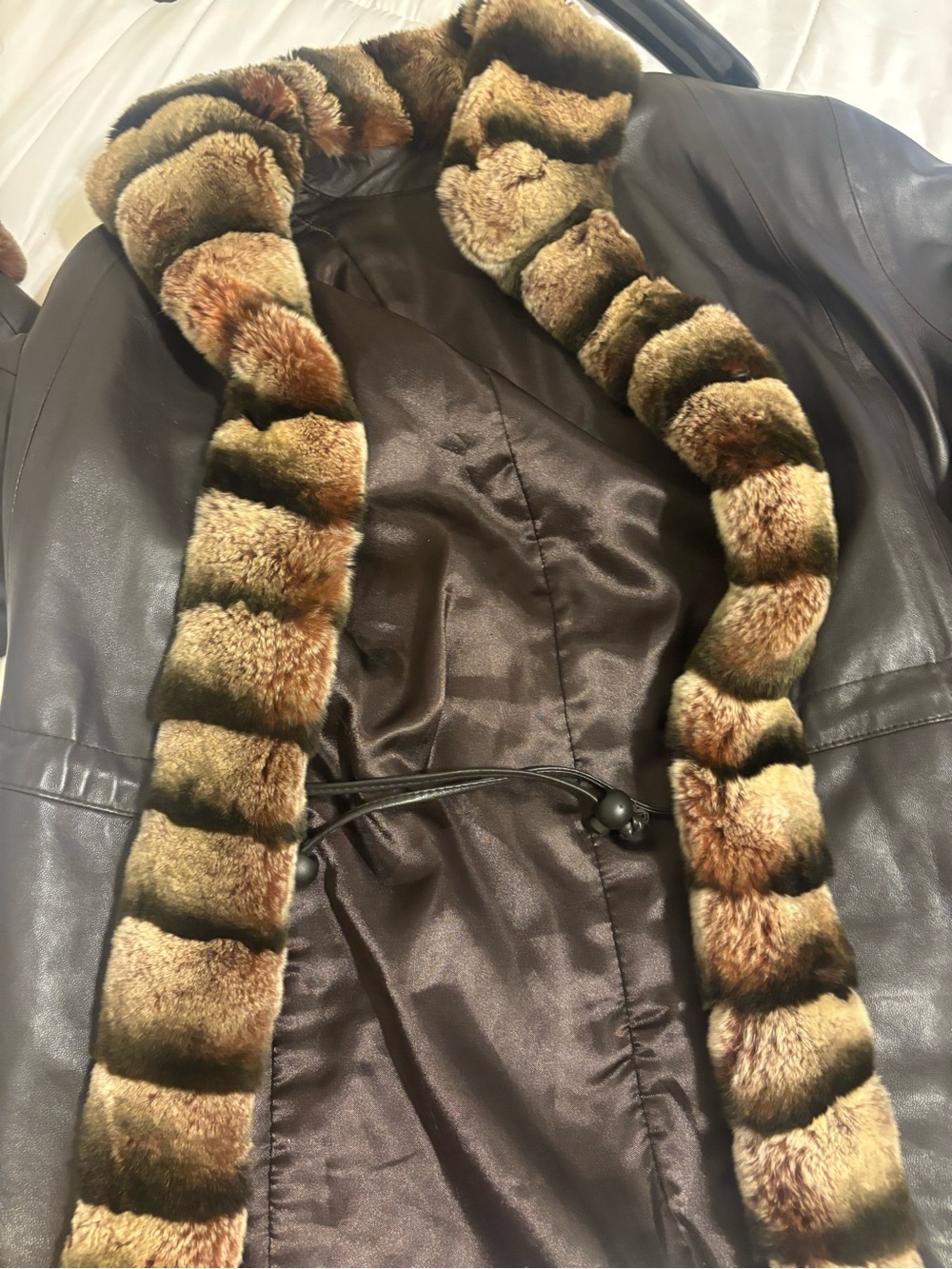 Macy's Dark Brown Leather Jacket with Striped Rabbit Fur Trim